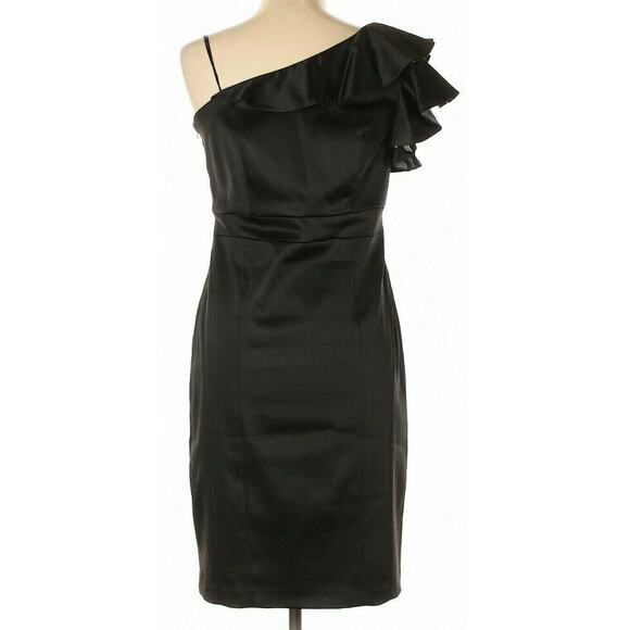 JAX Satin Dress Glam Ruffle One Shoulder 12 Built-in Cups Cocktail Party LBD - Picture 2 of 4